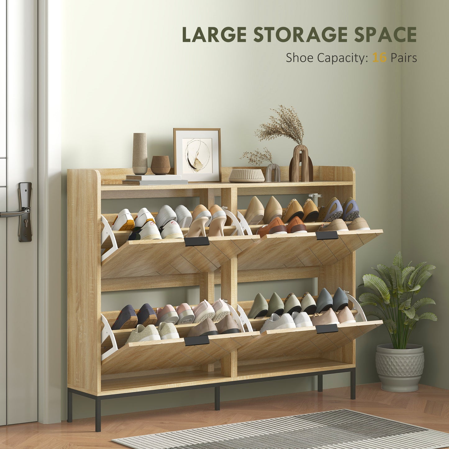 Narrow Shoe Storage Cabinet, Modern Slim Shoe Cabinet with 4 Flip Drawers, 16 Pairs of Shoes for Hallway, Entryway, Oak Kids Crystal