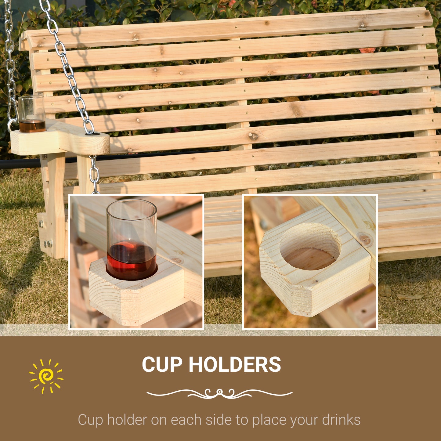 2 Seater Wooden Porch Swing Patio Swing Seat with Cup Holder and Chains Outdoor Swing Bench for Garden Yard, Natural Kids Crystal