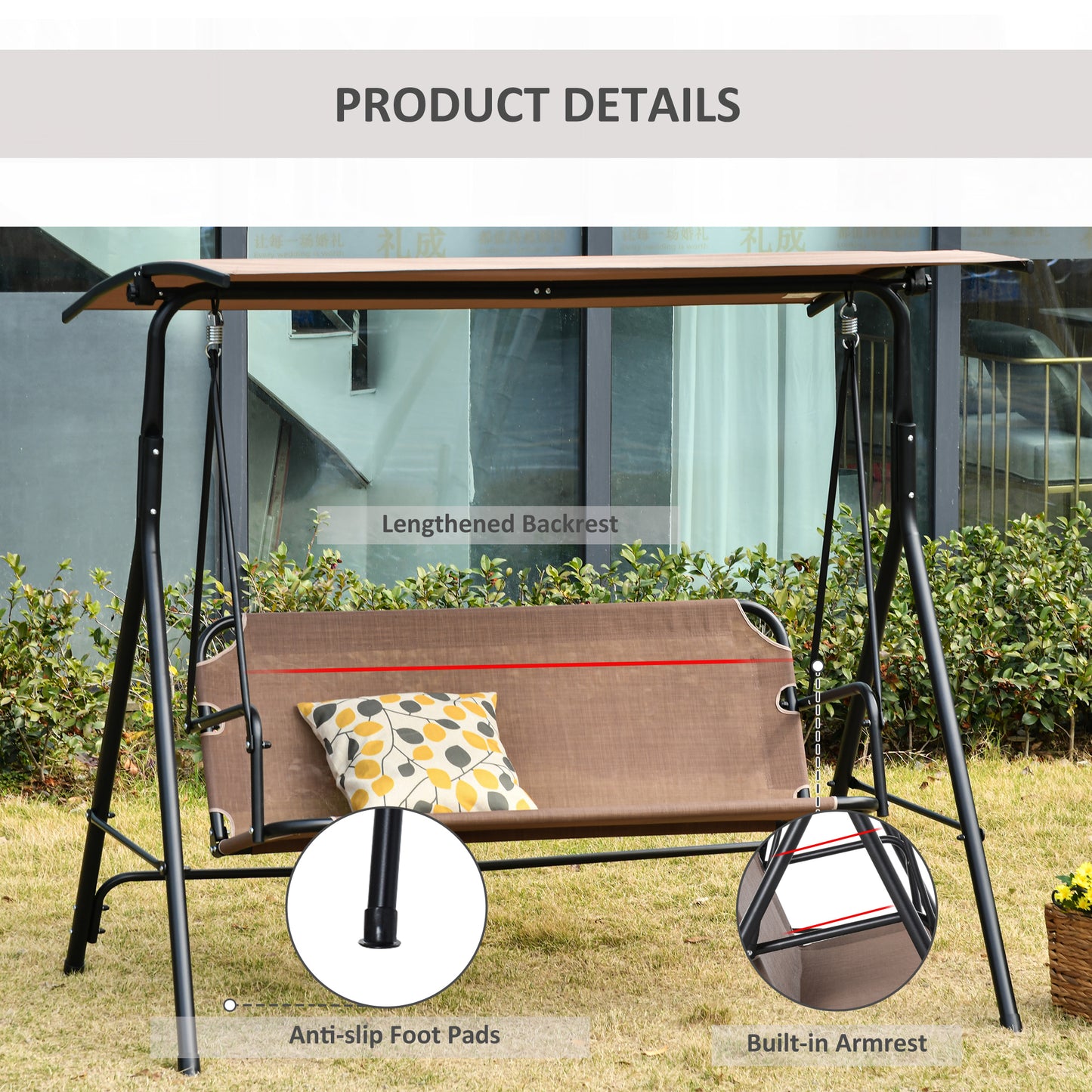 2 Person Porch Swing Chair Patio Bench Adjustable Canopy Breathable Seat Garden Poolside Brown Kids Crystal
