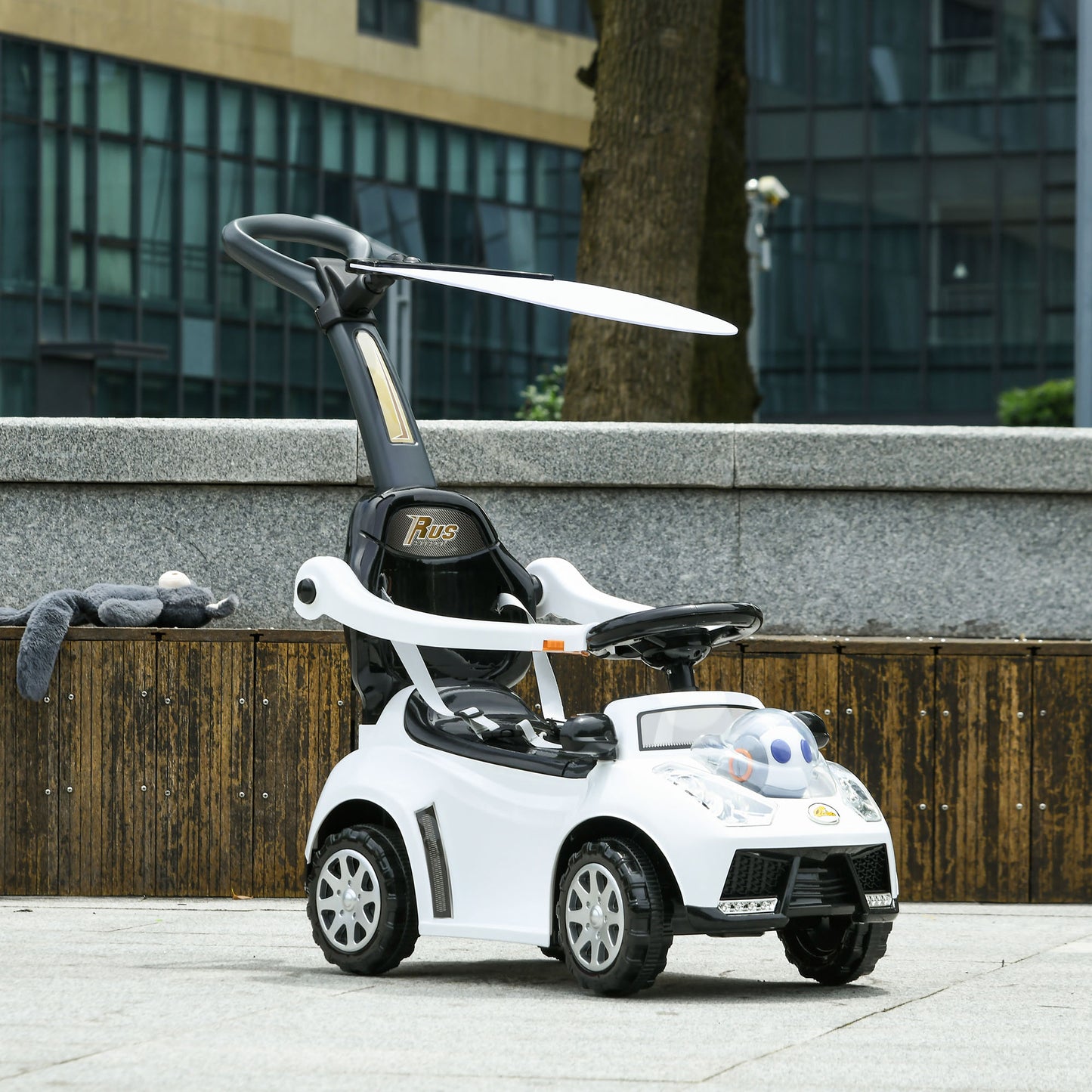 3 in 1 Kids Push Car Toddler Sliding Car, Foot to Floor Design with Music, Light, Handle, Removable Canopy, White Kids Crystal