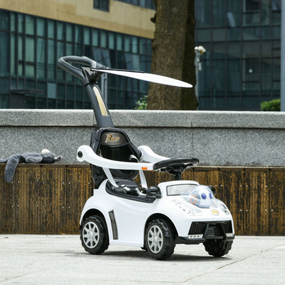 3 in 1 Kids Push Car Toddler Sliding Car, Foot to Floor Design with Music, Light, Handle, Removable Canopy, White