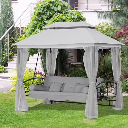 3 Person Outdoor Patio Daybed, 3 in 1 Canopy Gazebo Swing Chair Garden Hammock with Mesh Mosquito and Sun Shade, Grey