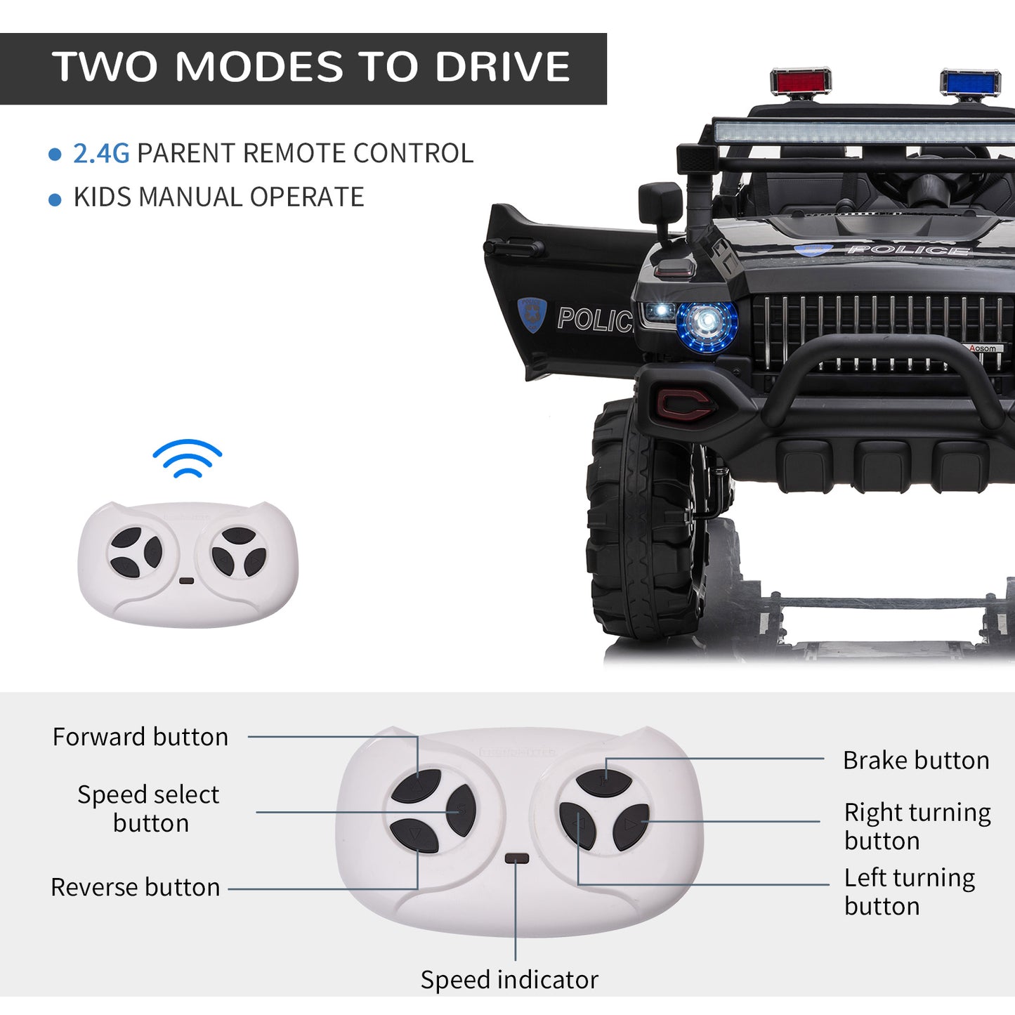 12V Kids Police Truck Ride-On Car RC 2-Seater with LED Lights MP3 Parental Remote Control Black Kids Crystal