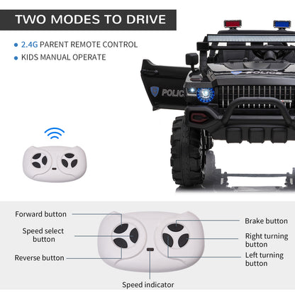 12V Kids Police Truck Ride-On Car RC 2-Seater with LED Lights MP3 Parental Remote Control Black