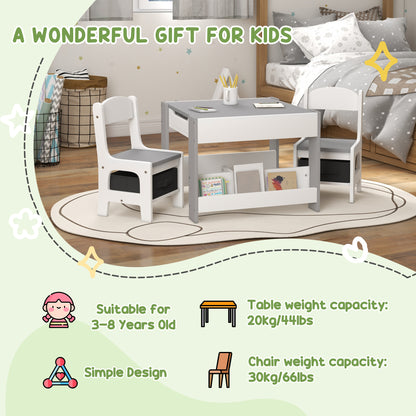 3-Piece Kids Playroom Set with Reversible Tabletop, Blackboard, Storage & Bookshelf in Grey