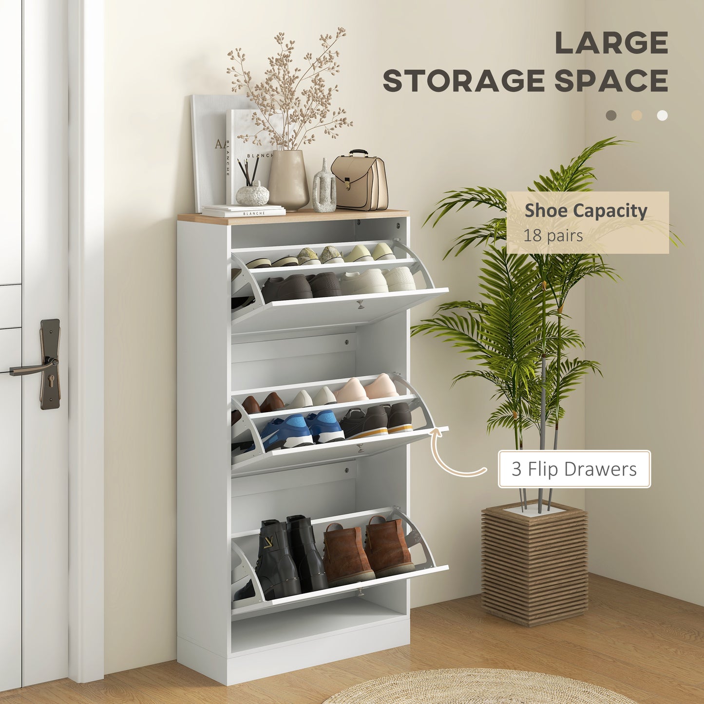 Modern Shoe Storage Cabinet 3 Flip Drawers Adjustable Shelves Organizer for 18 Pairs White Kids Crystal