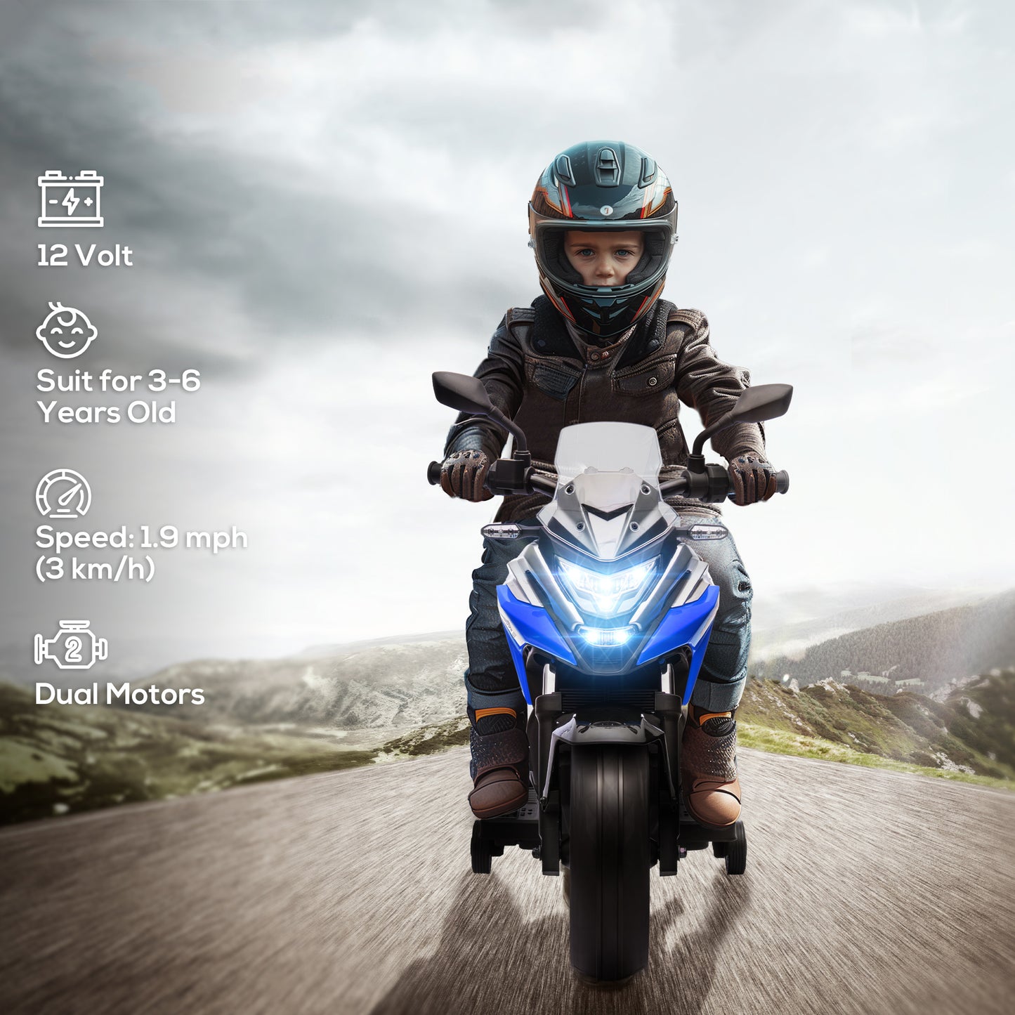 Honda Licensed 12V Ride on Motorbike for Kids with Headlights Music Training Wheels, for 3-6 Years, Blue Kids Crystal
