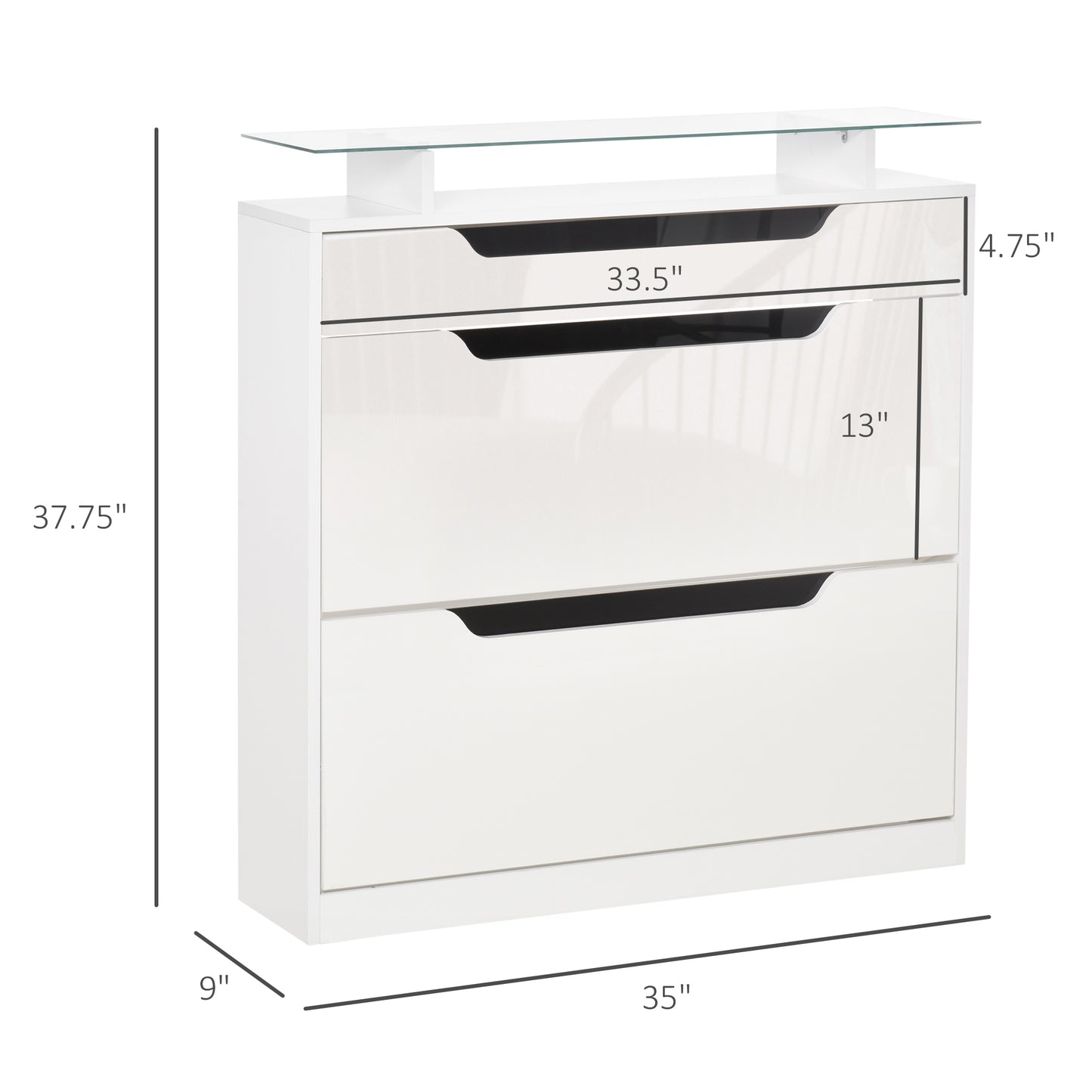 High Gloss Shoe Cabinet with 2 Flip Drawers and Adjustable Shelves, Narrow Shoe Storage Cabinet with Glass Top, White Kids Crystal