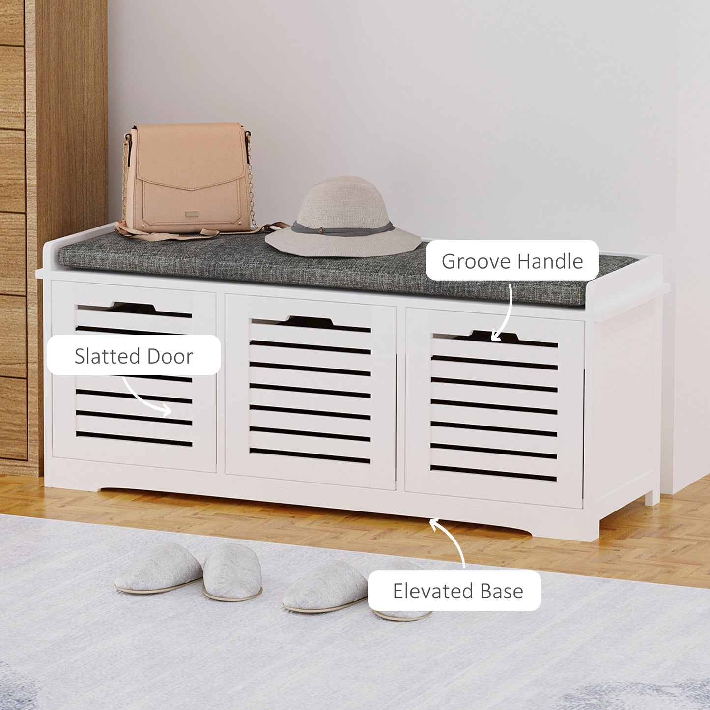 Upholstered Shoe Haven: Storage Bench with Padded Cushion, 3 Drawers, Ample Space for Living Room Kids Crystal