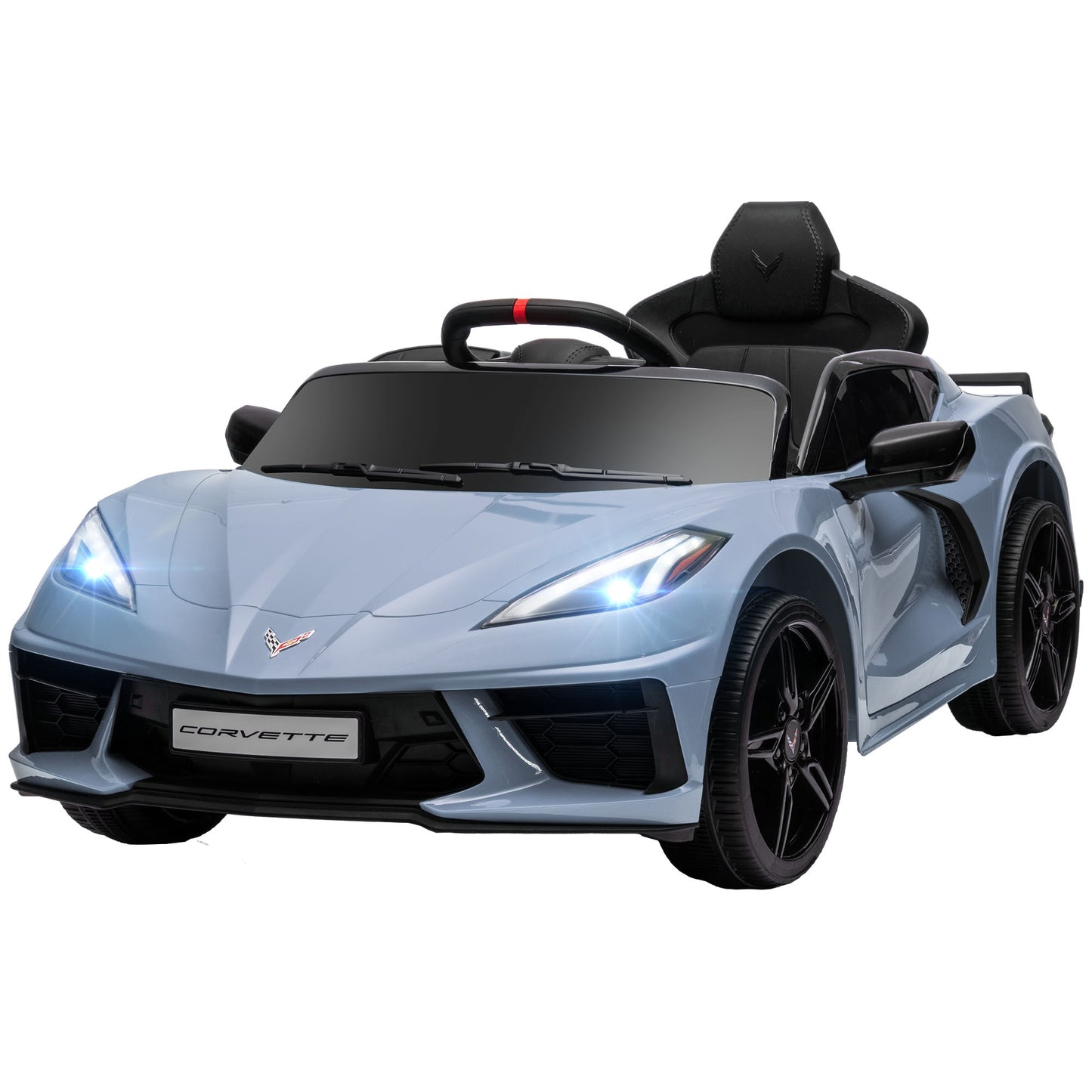 12V Kids Electric Car Corvette Licensed Remote Control Suspension Music Headlight Slow Start Light Blue Ride On Kids Crystal