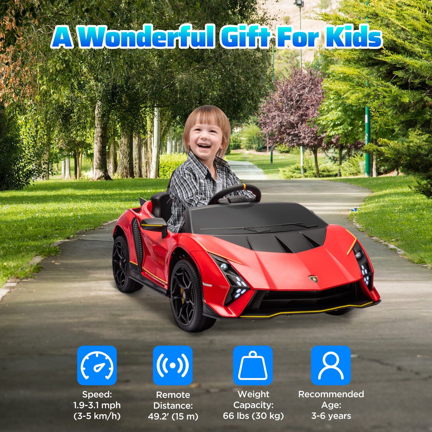 12V Lamborghini Autentica Licensed Kids Car with Remote Control, 4 Wheels Spring Suspension, Soft Start, Red Kids Crystal