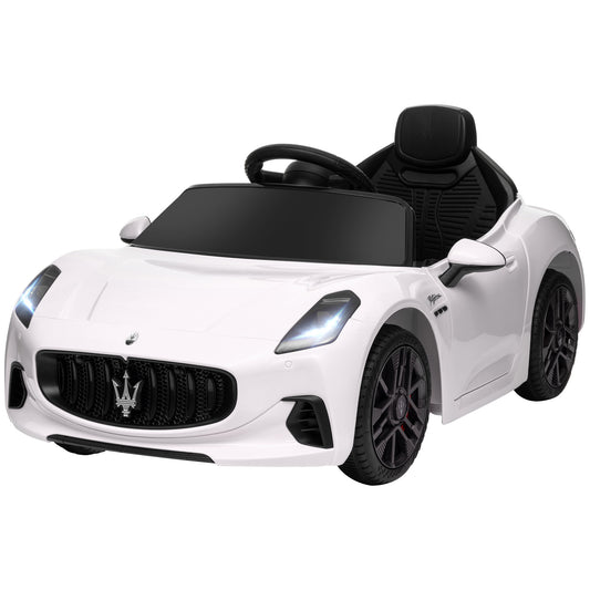 12V Maserati Gran Turismo Licensed Kids Electric Car w/ Remote Control, Soft Start, LED Lights, Music, Horn, MP3, White Kids Crystal