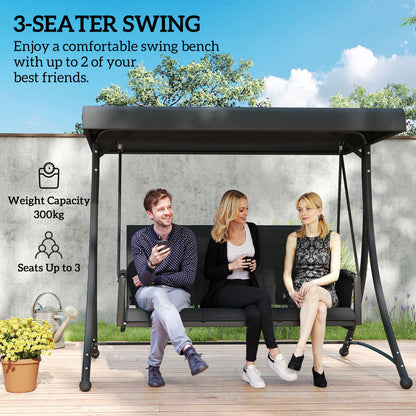3 Person Outdoor Porch Swing Chair with Adjustable Canopy, Black