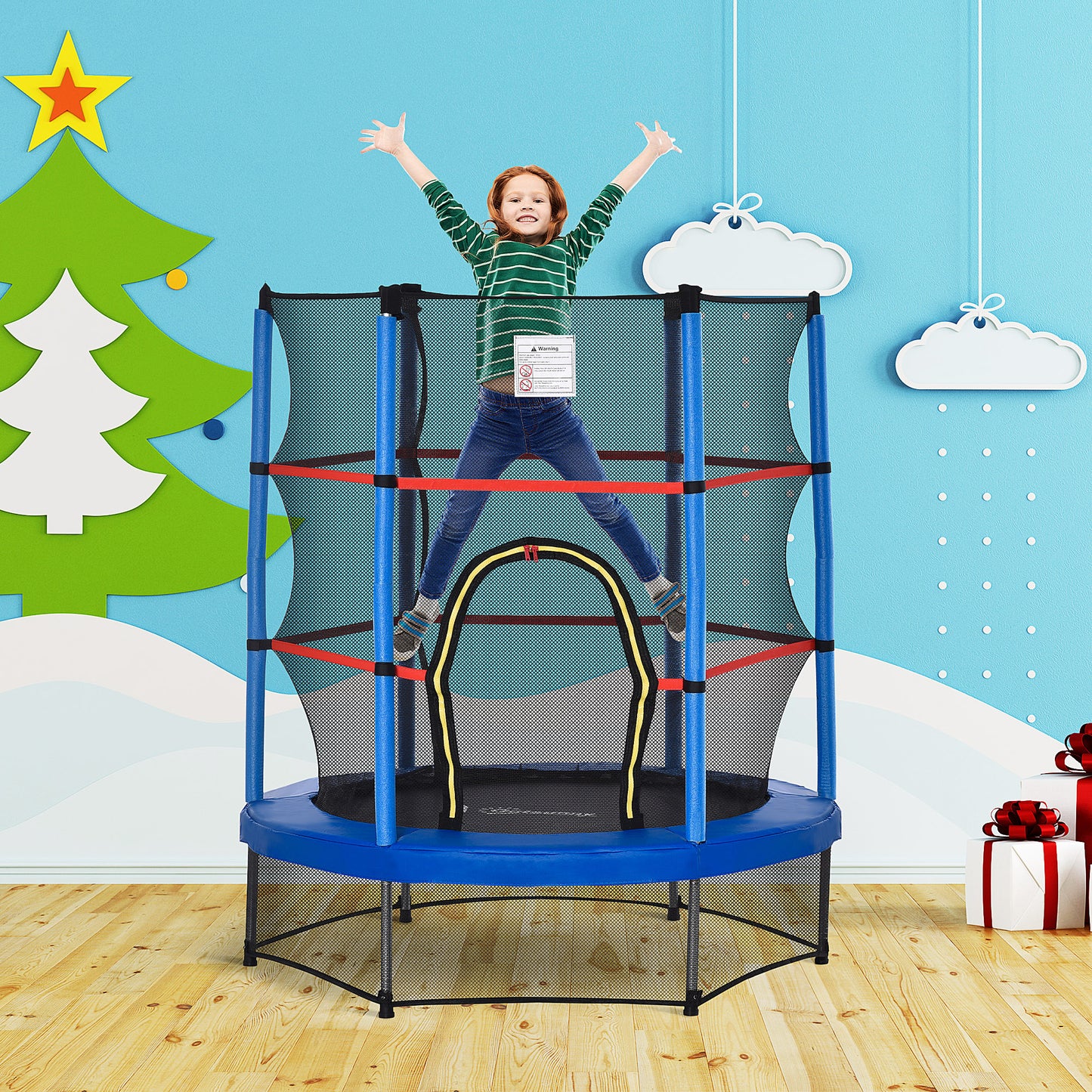 55" Kids Trampoline Enclosure Net Steel Frame Indoor Round Bouncer Rebounder 3-6 Years Blue Toy Kids Crystal