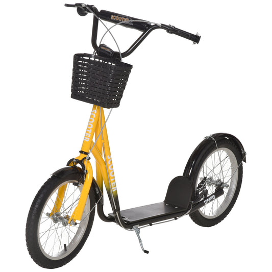 Kick Scooter with Adjustable Handlebar, Kids Scooter with 2 Brakes Basket Cupholder 16" Inflatable Rubber Tyres Orange