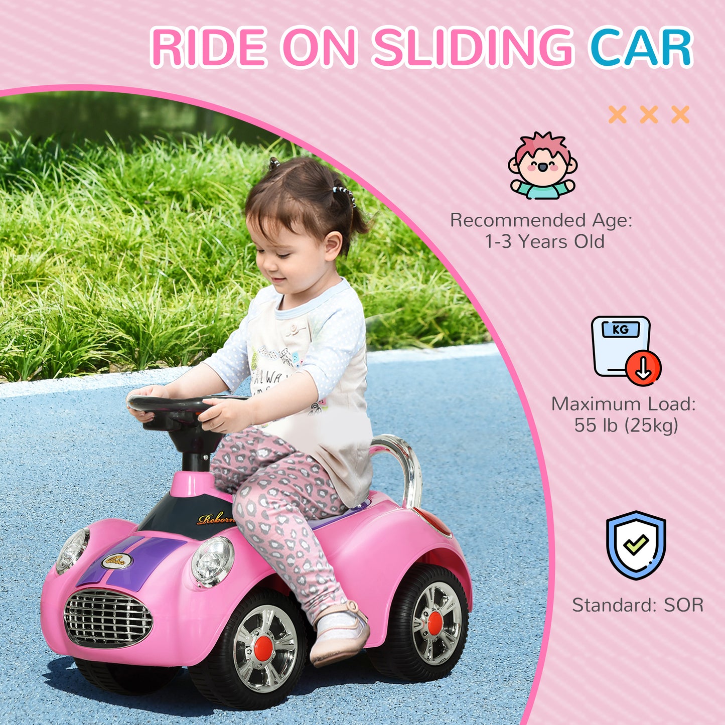 Baby Push Car for 1-3 Years with Music, Horn, Light, Pink Kids Crystal