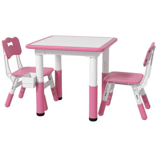 3 Piece Kids Table Chair Set Height Adjustable Storage Playroom Furniture Easy Clean Plastic Sturdy Construction Pink