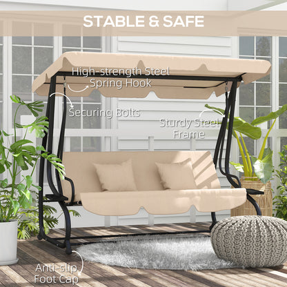 3-Seat Outdoor Patio Swing Chair, Converting Flat Bed, Canopy Swing with Adjustable Shade, Cup Holder, Light Brown