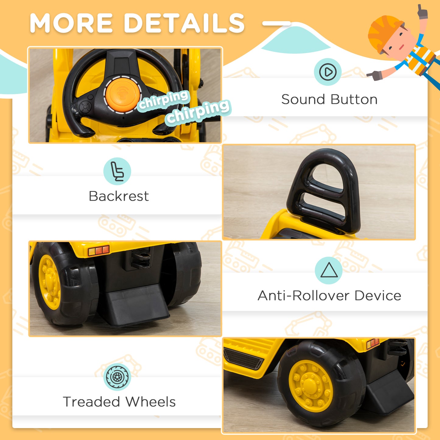 Ride On Excavator Toy No Power Digger Realistic Sound Grabber Under Seat Storage for 3-4 Years Old Kids Crystal