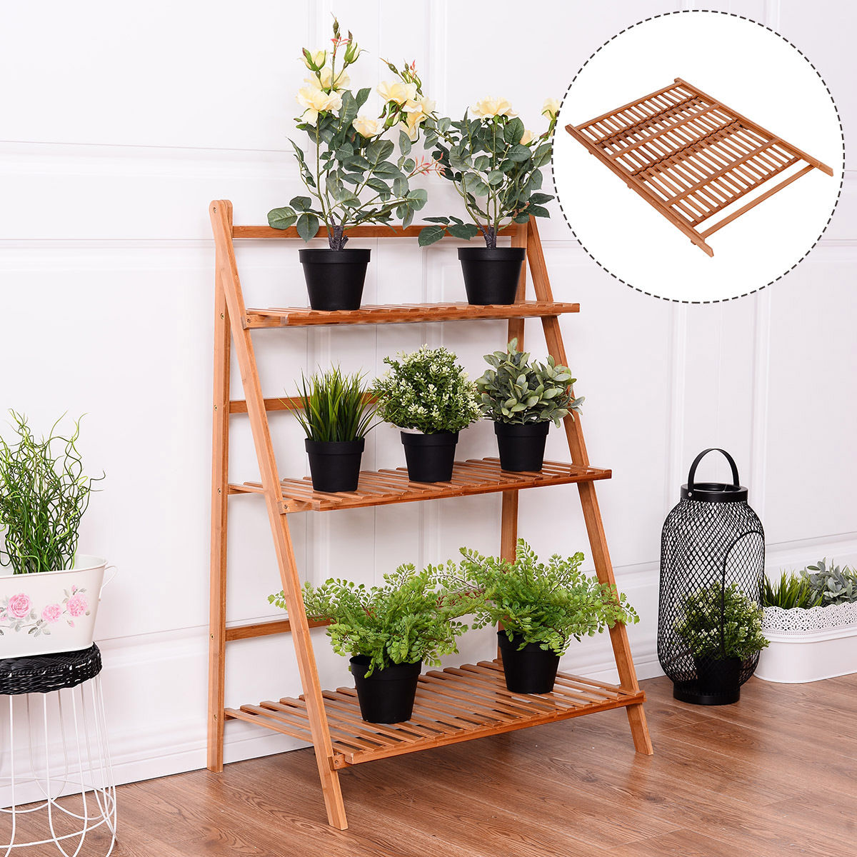 3 Tiers Outdoor Stand Bamboo Flower Pot Shelf Kids Crystal