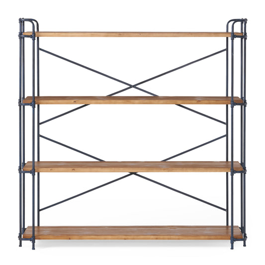 4 Tier Bookcase with Industrial Style, Heavy Duty Shelving with Wood Shelves for Patios, Backyard, 64" L x 17.5" W x 66.5" H, Natural
