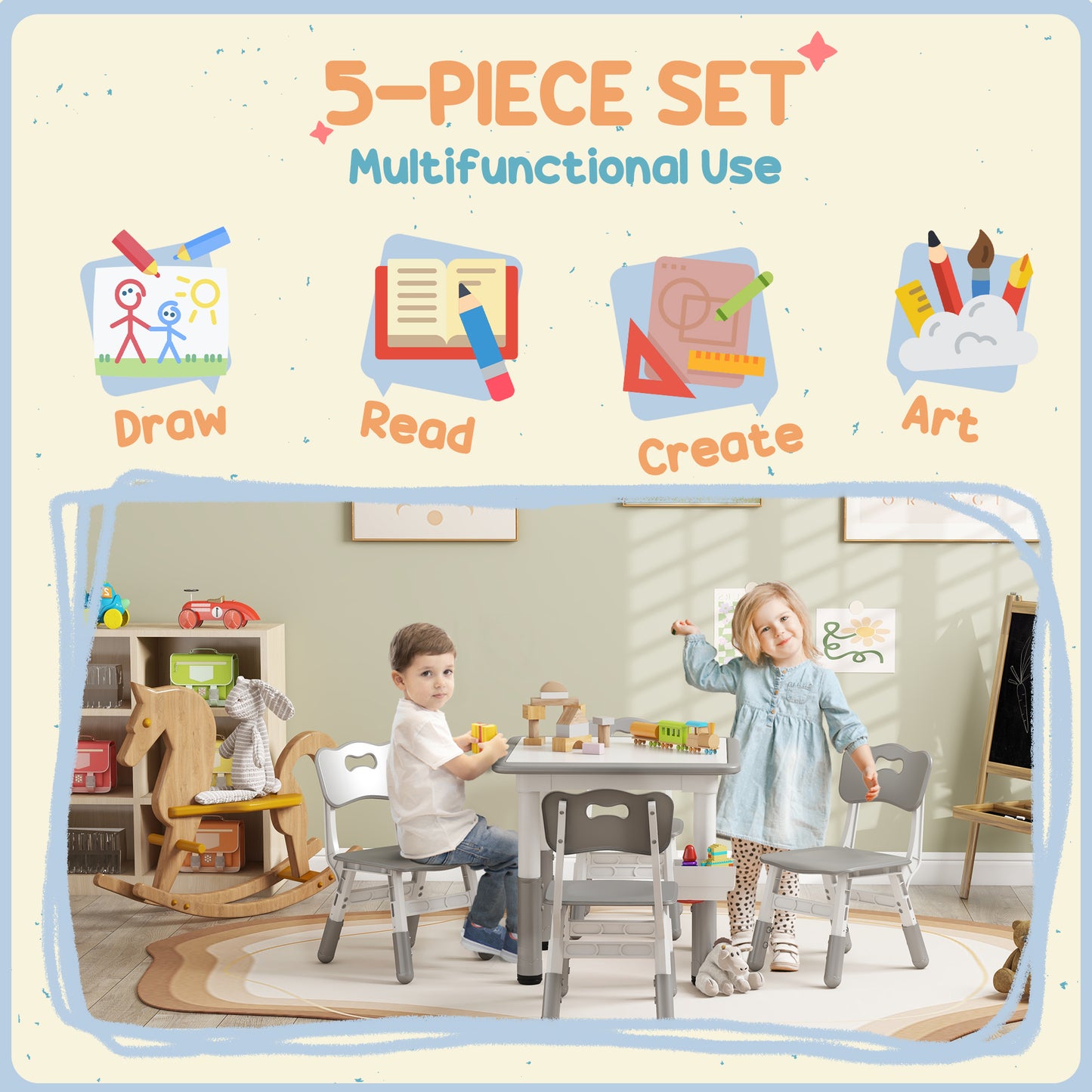 5 Piece Toddler Table Chair Set Height Adjustable Activity Set Nursery Classroom Playroom Furniture Grey