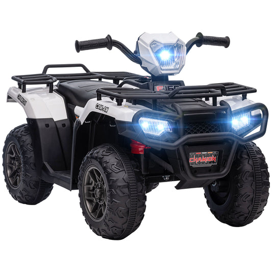 Kids ATV: 12V, 4 Wheeler Quad, Battery Powered, Music, LED Lights, Treaded Tires, 3-5 Years, White Kids Crystal