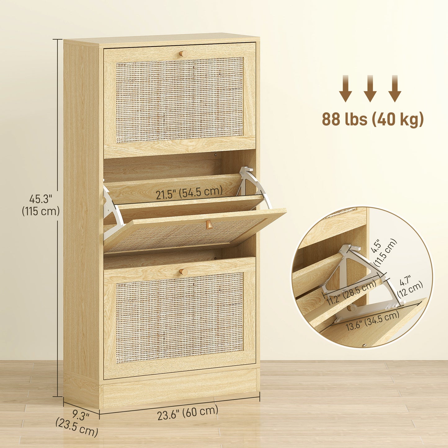 Rattan Shoe Storage Cabinet with 3 Flip Drawers and Adjustable Shelves, Entryway Shoe Cabinet for 18 Pairs, Oak Kids Crystal