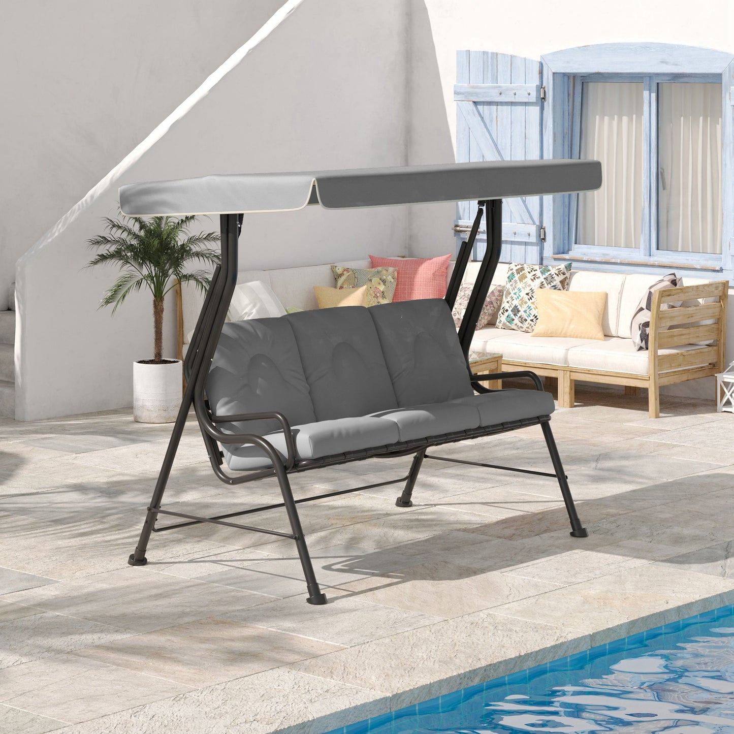 3-Person Patio Swing Chair with Canopy 3 Seater Porch Swing for Garden, Backyard, Poolside, Light Grey Kids Crystal