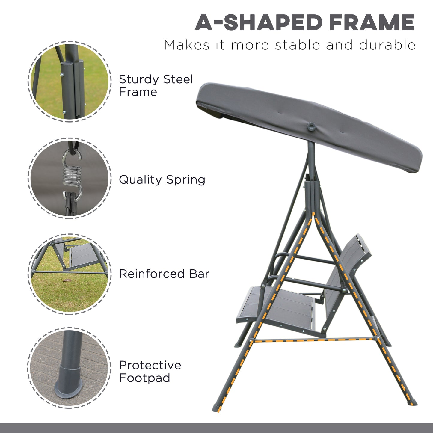 3-Seater Porch Swing Chair Garden Hammock A-Frame Outdoor Sling Seat with Adjustable Canopy Cover Kids Crystal