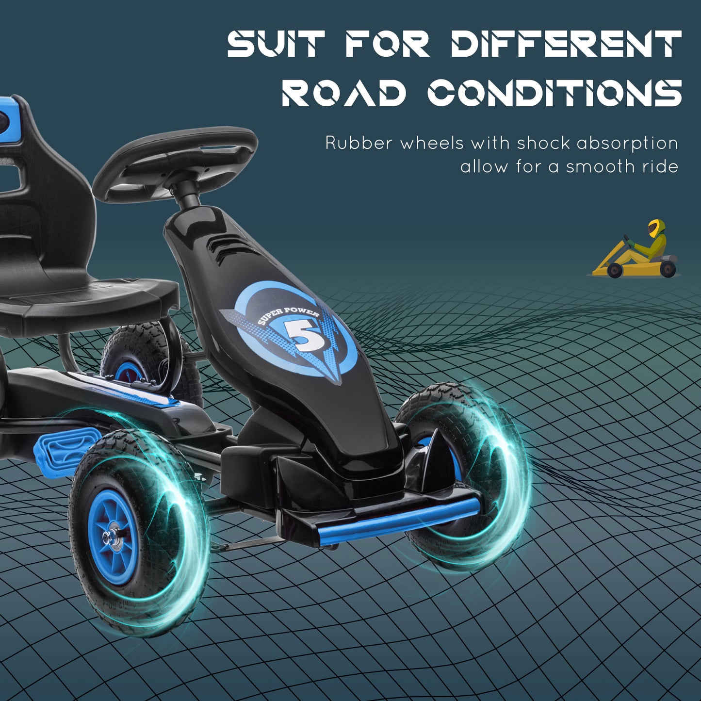 Kids Pedal Go Kart Ergonomic Adjustable Seat Rubber Wheels Shock Absorb Safety Hand Brake Ages 5-12 Blue Kids Crystal