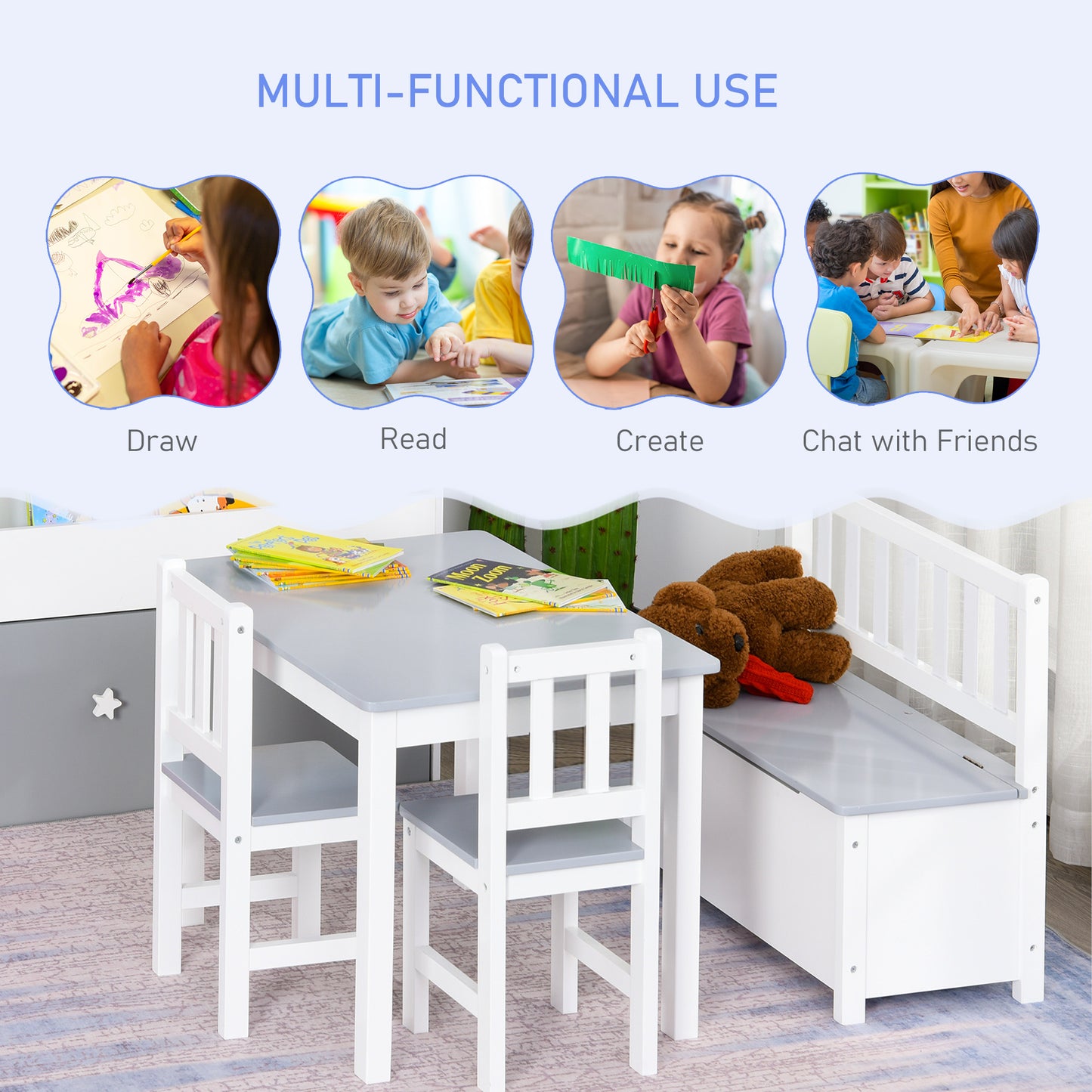 4-Piece Kids Table Chair Bench Set: With Storage, Easy Clean, Grey/White for Boys & Girls Kids Crystal
