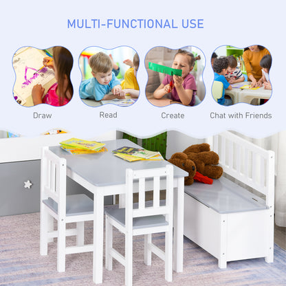 4-Piece Kids Table Chair Bench Set: With Storage, Easy Clean, Grey/White for Boys & Girls