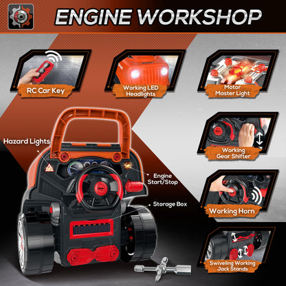 Mechanic's Delight: Educational Kids Truck Engine Toy Set, Car Service Station Playset with Steering Wheel, RC Car Key, Orange