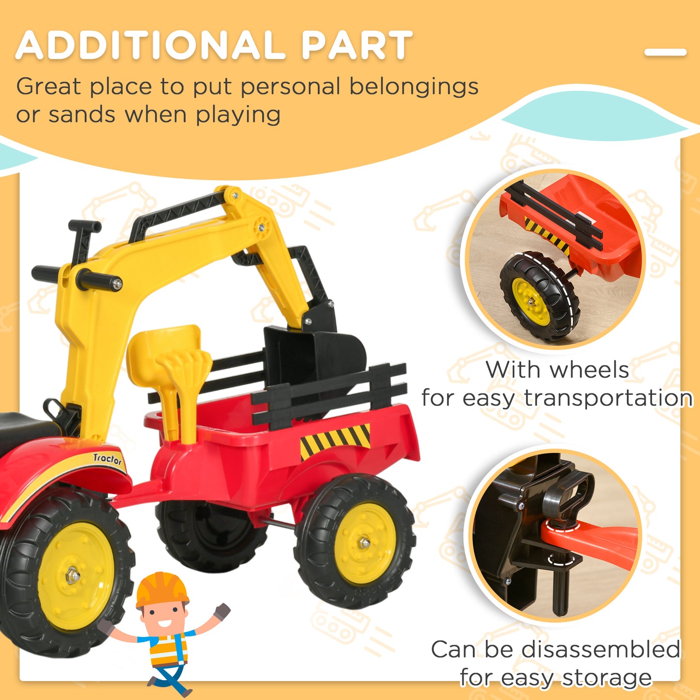 3 in1 Kids Ride On Bulldozer/Excavator Toy with 6 Wheels, Controllable Cargo Trailer & Easy Pedal Controls Kids Crystal