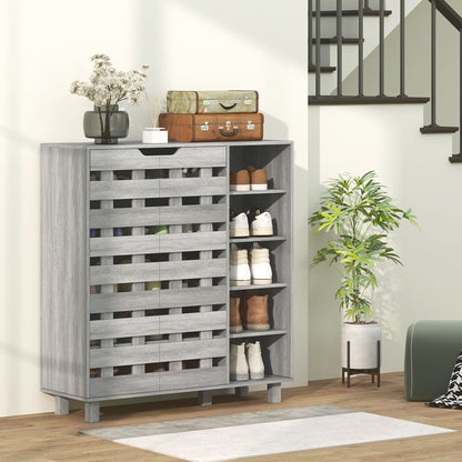 Shoe Cabinet, 21 Pair Shoe Storage Cabinet Organizer with 5-tier Double Door Cabinet and 5-tier Open Shelves, Light Grey