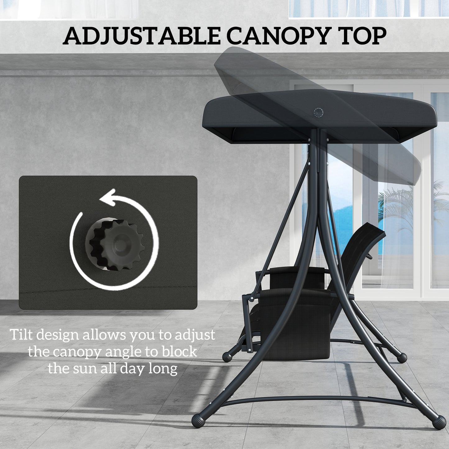 3 Person Outdoor Porch Swing Chair with Adjustable Canopy, Black Kids Crystal