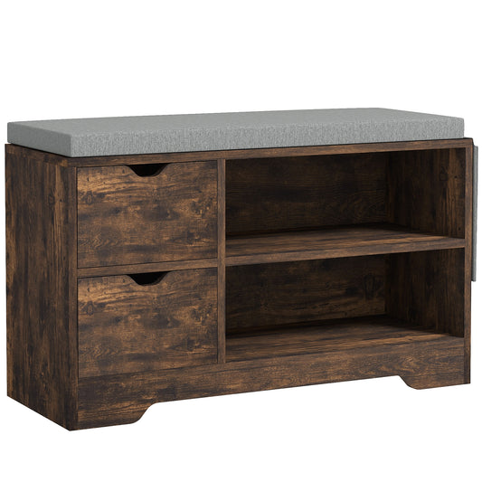 Upholstered Shoe Storage Bench w/ Seat, Entrance Bench w/ Drawer Open Shelves and Pocket for Hallway, Rustic Brown Kids Crystal