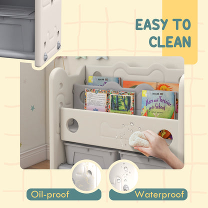 Toy Storage Organizer with 4 Storage Boxes, Bookshelves, for Nursery, Kids Room, Playroom, Cream White