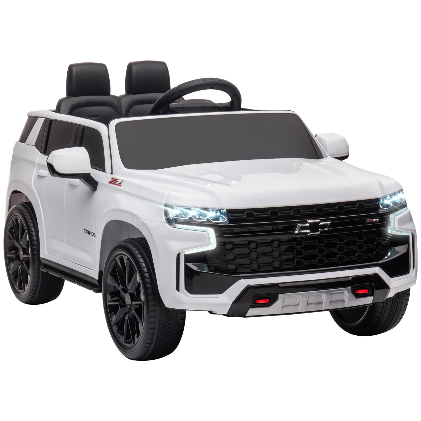 12V Chevrolet TAHOE Ride-On: Remote Control, 3 Speeds, LED Lights, Horn, Music Player for 3-6 Years, White Kids Crystal