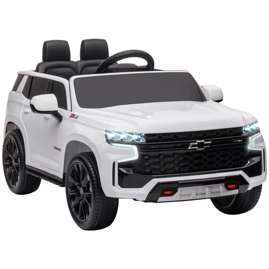 12V Chevrolet TAHOE Ride-On: Remote Control, 3 Speeds, LED Lights, Horn, Music Player for 3-6 Years, White Kids Crystal