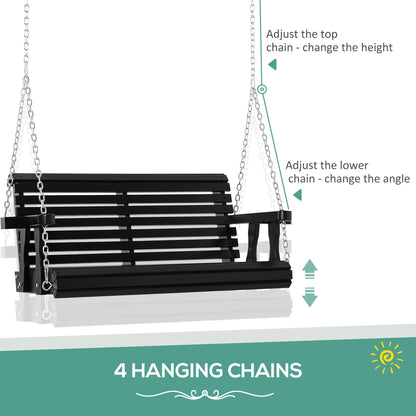 2 Seater Porch Swing Wooden Bench Chair Patio Outdoor Furniture Swing with Cup Holders Chains Garden Yard Black
