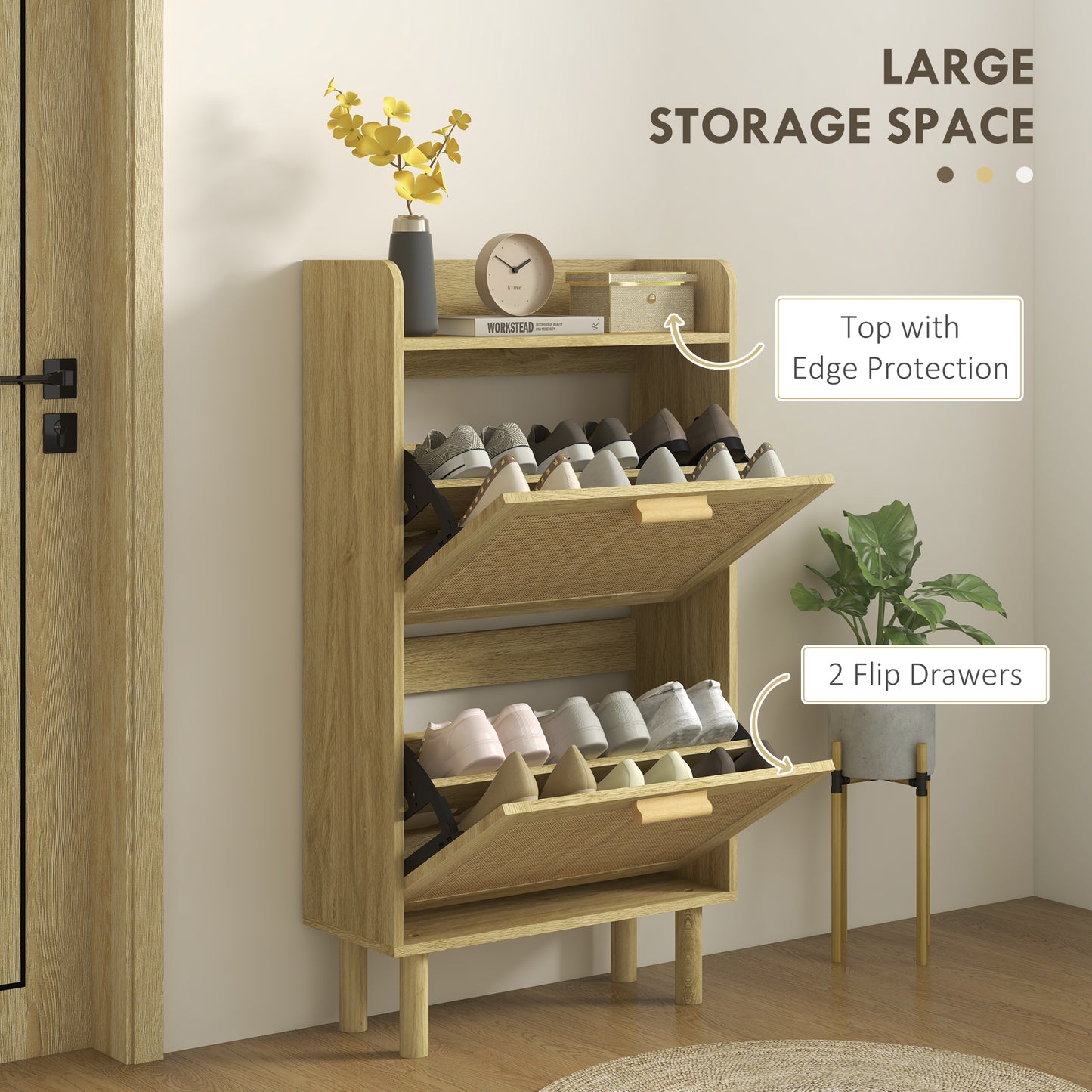 Slim Shoe Storage 2 Flip Drawers Adjustable Shelves Rattan Shoe Organizer 12 Pairs Oak Space Saving Kids Crystal