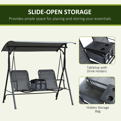 2-Person Patio Swing Chair Covered Porch Swing with Pivot Storage Table, Cup Holder, & Adjustable Overhead Canopy, Grey