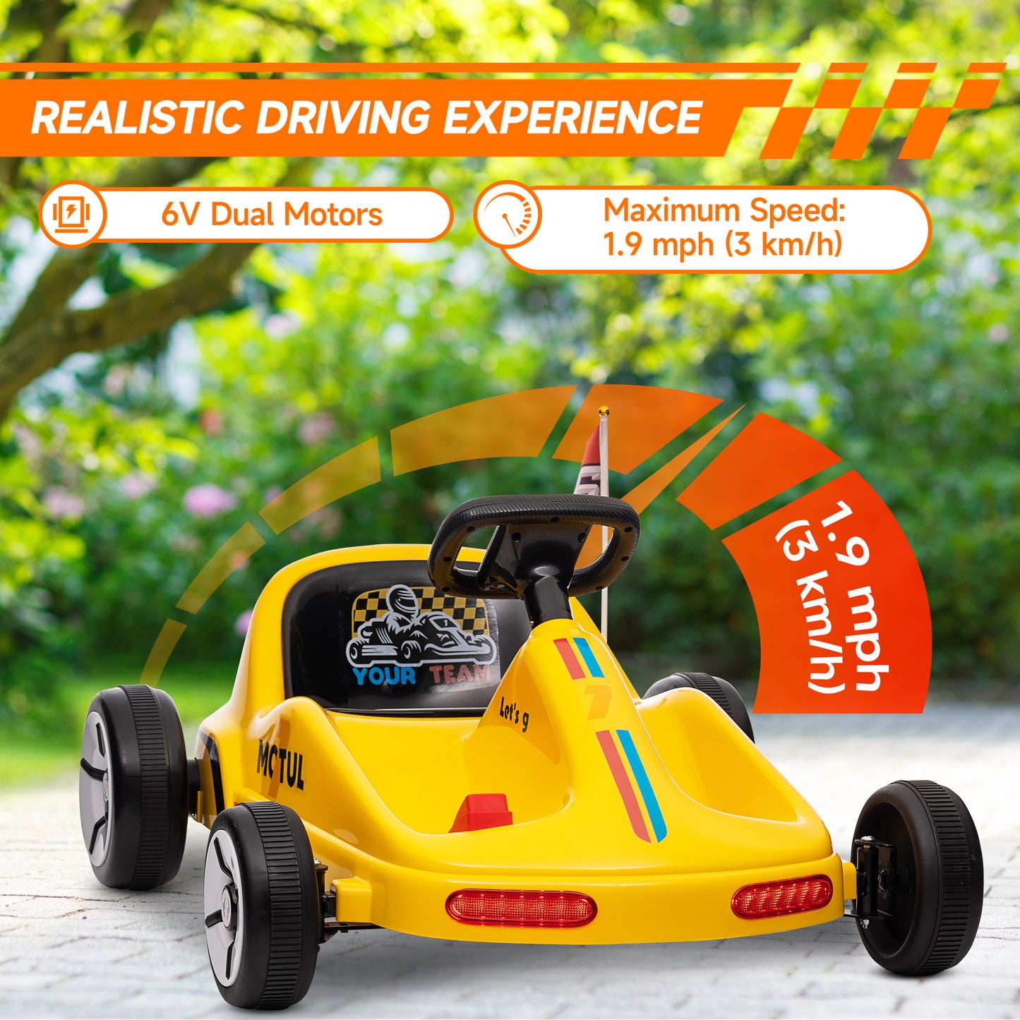 6V Electric Go Kart for Aged 3-5 Kids with Music, Light, Horn, Yellow Kids Crystal