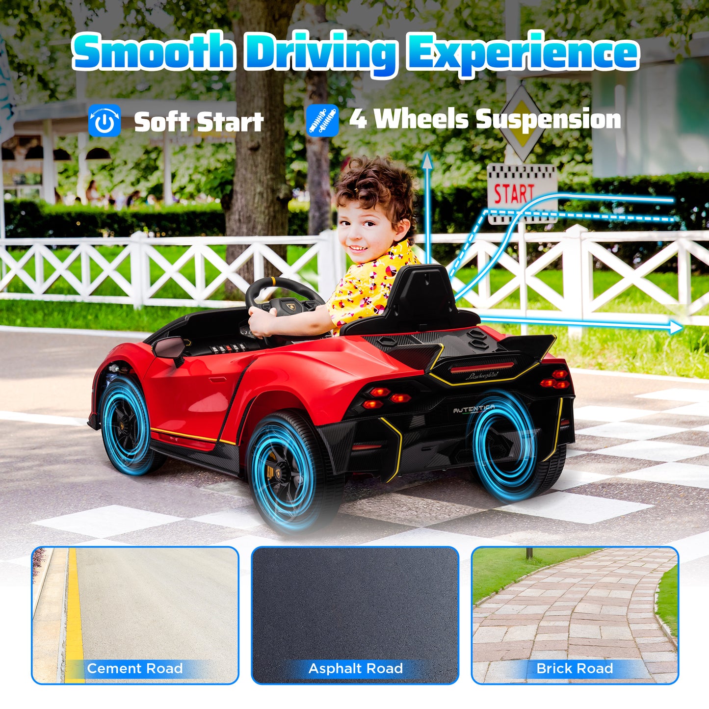 12V Lamborghini Autentica Licensed Kids Car with Remote Control, 4 Wheels Spring Suspension, Soft Start, Red Kids Crystal