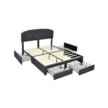 Queen Size Platform Bed Frame with Adjustable Headboard and 4 Storage Drawers