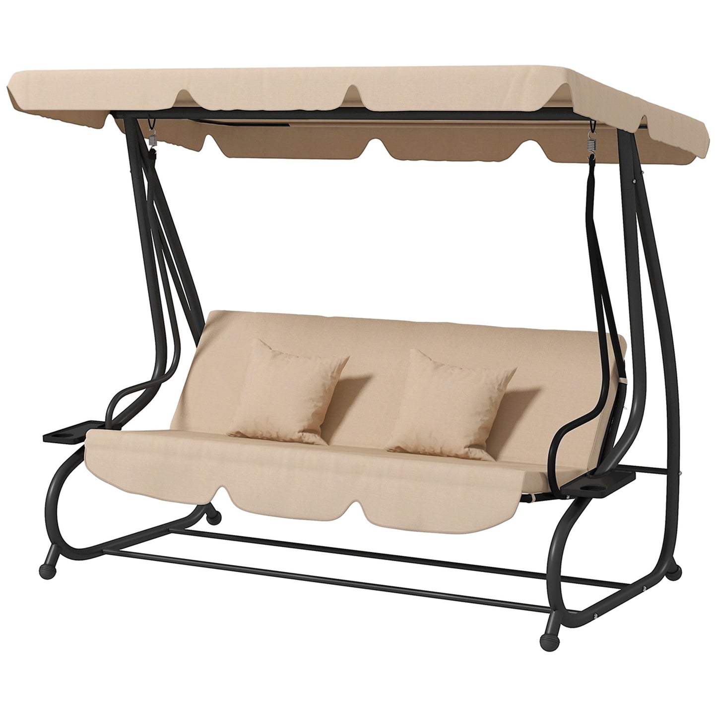 3-Seat Outdoor Patio Swing Chair, Converting Flat Bed, Canopy Swing with Adjustable Shade, Cup Holder, Light Brown Kids Crystal