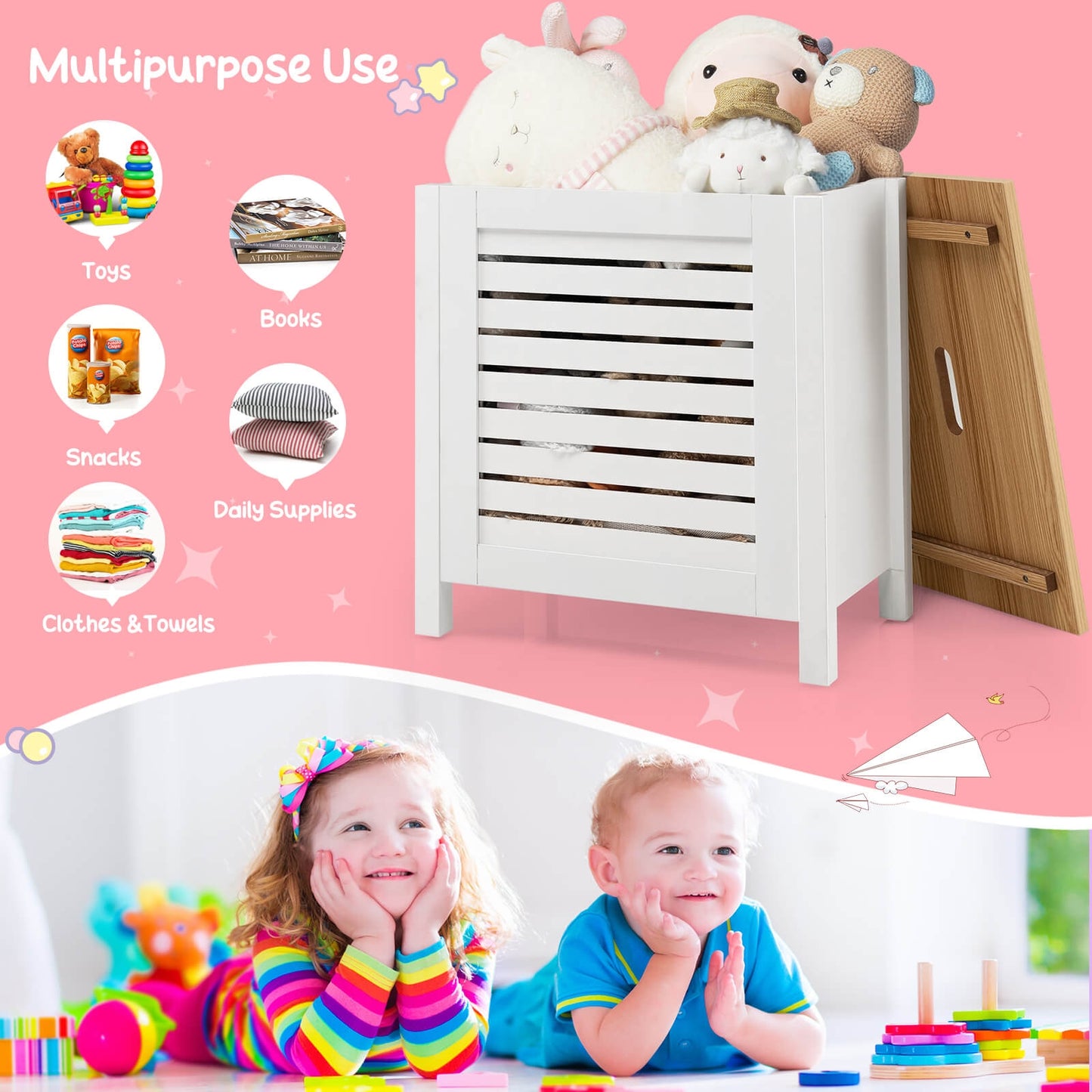 Wooden Kids Toy Storage Organizer with Lid-White Kids Crystal