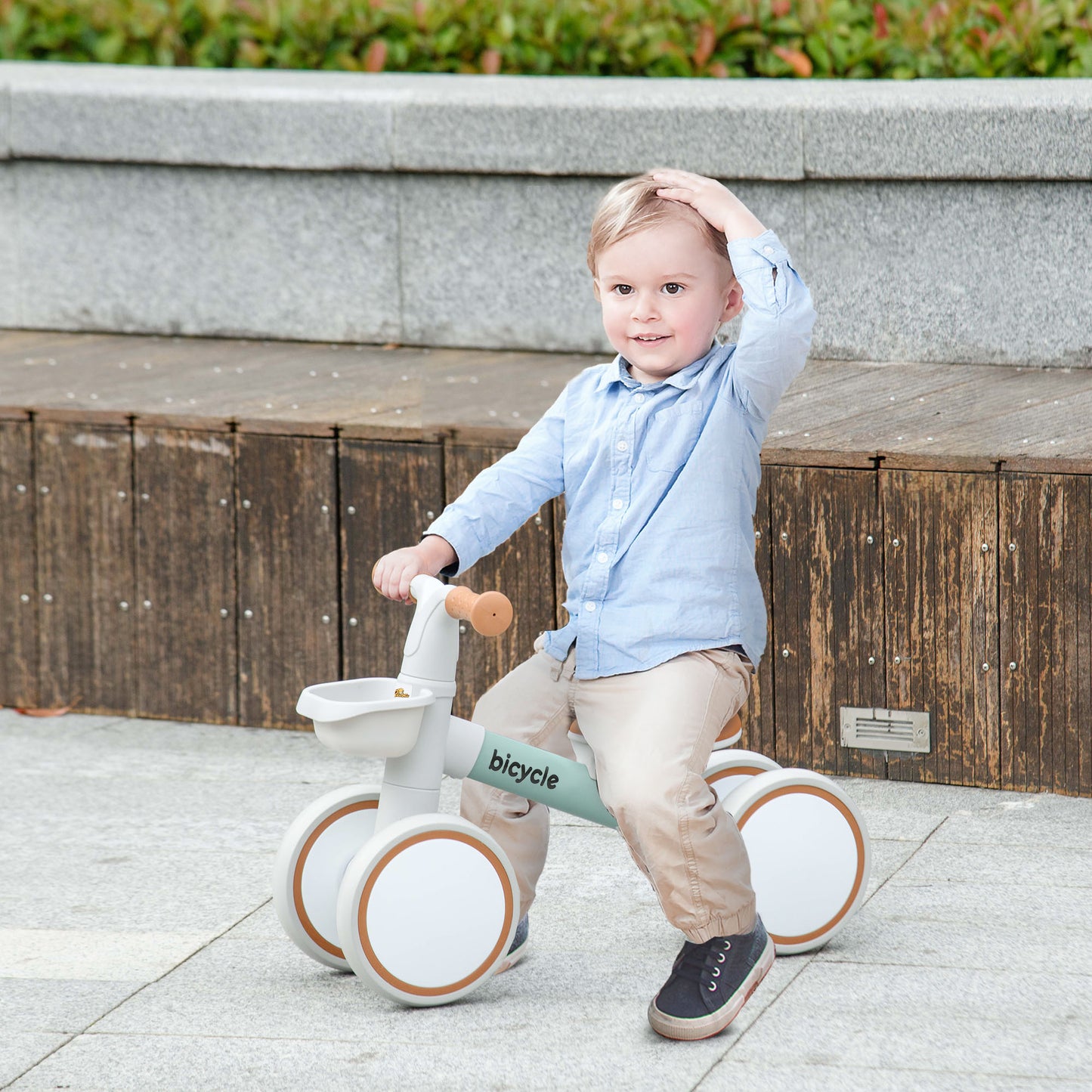 Toddler Balance Bike for 12–36 Months with Adjustable Seat, Removable Basket, 4 Silent Wheels, Green